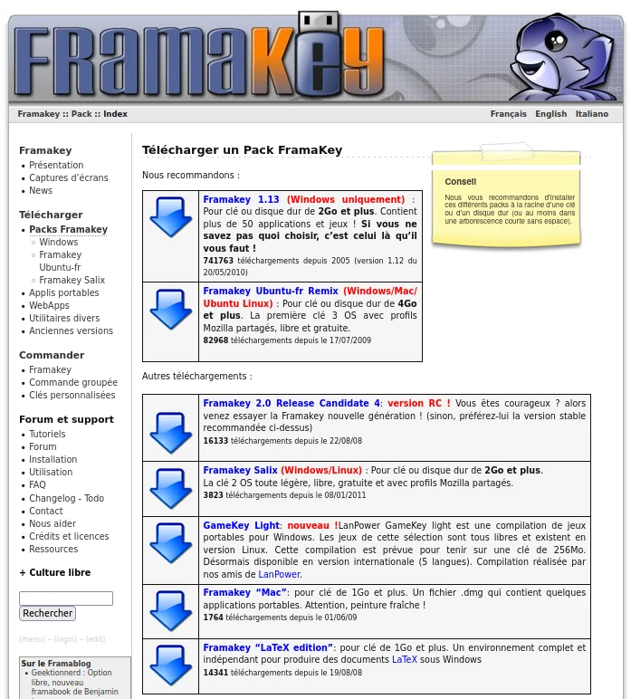 Capture d'écran du site Framakey en 2011