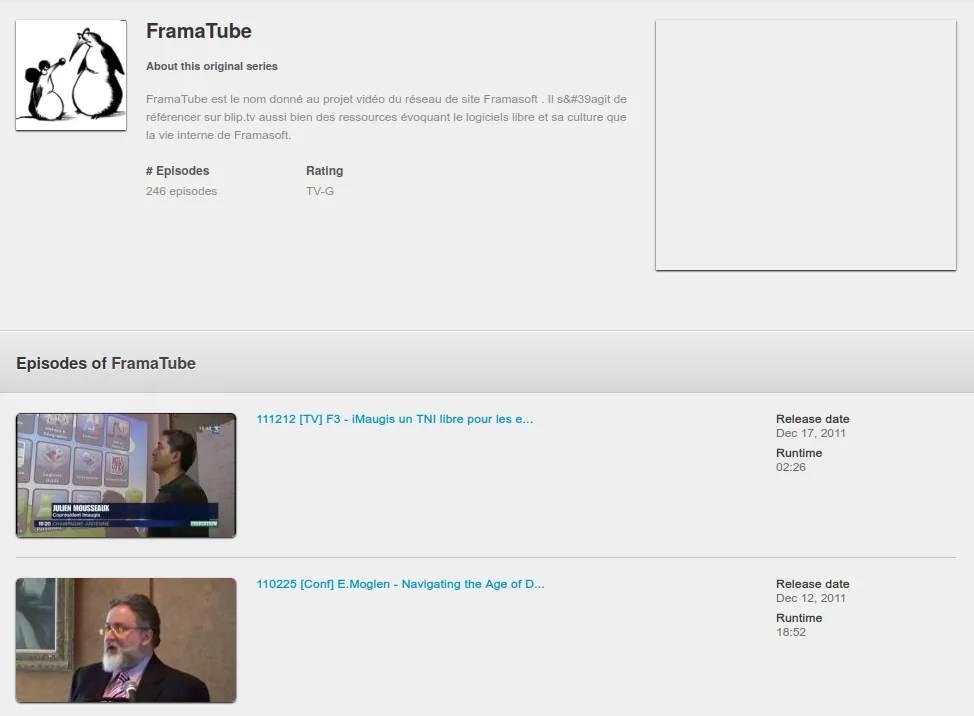 Capture d'écran de l'espace Framatube sur Blip.tv 2011