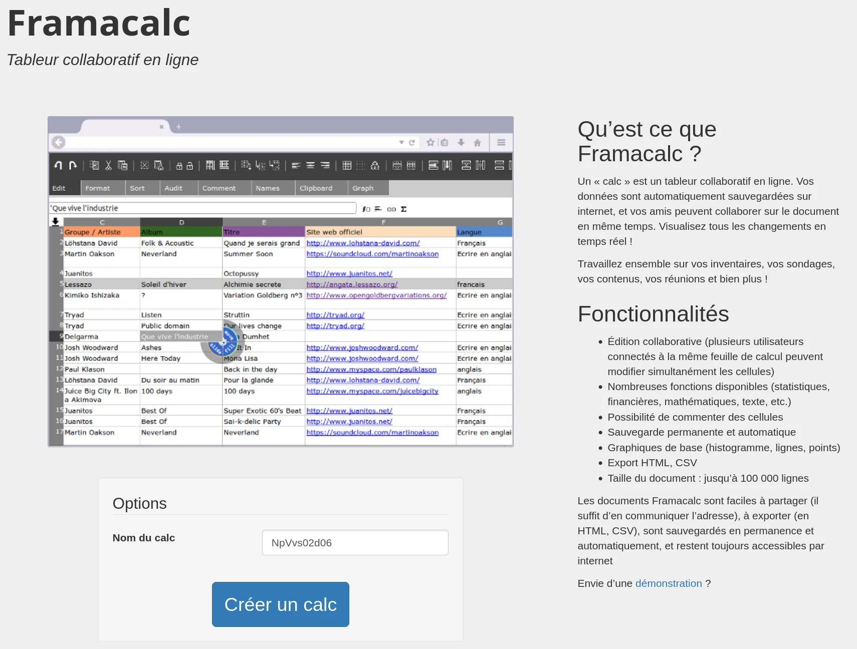 Framacalc, tableur collaboratif en ligne