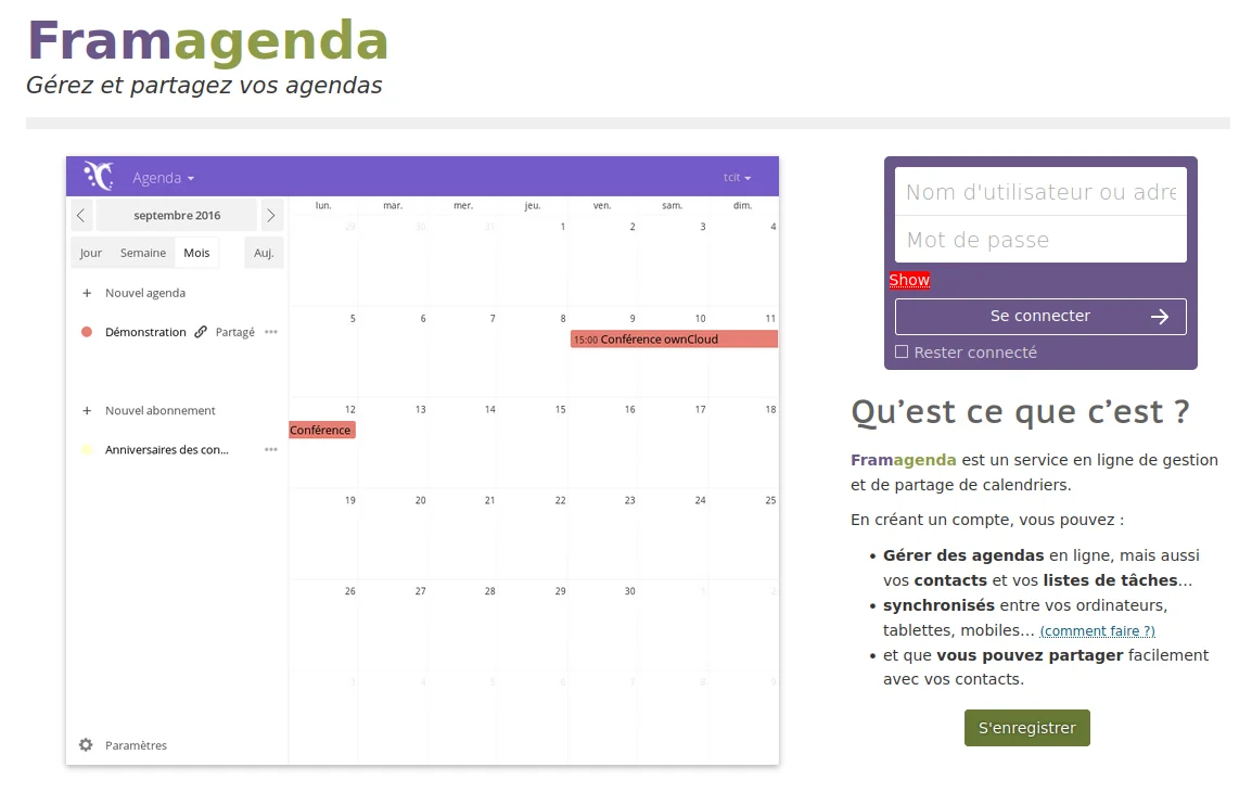 Capture d'écran du site Framagenda