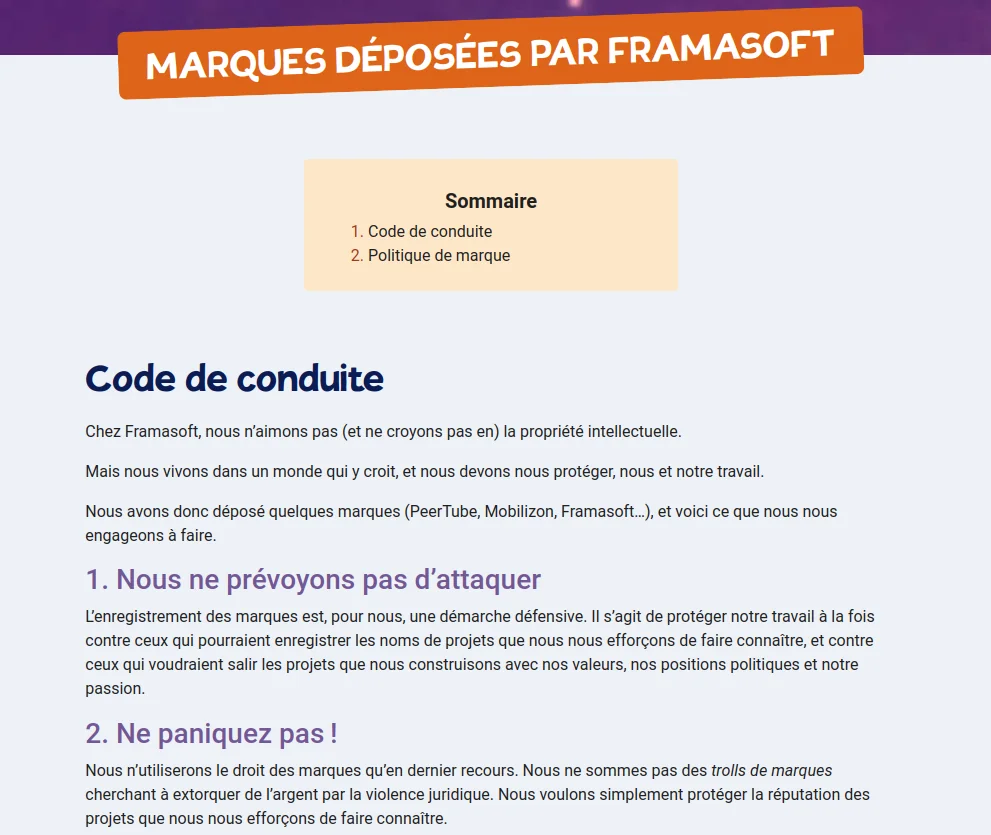 Capture d'écran de notre code de conduite