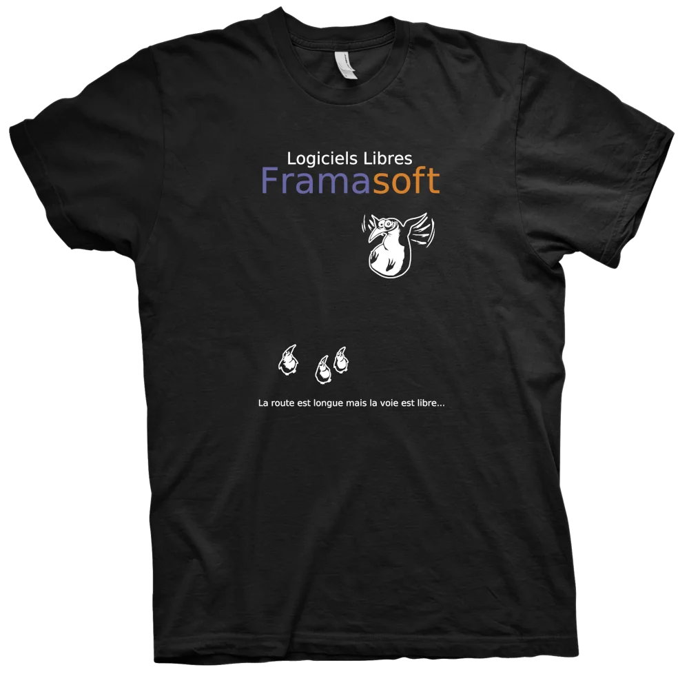 Le t-shirt Framasoft iconique avec les pingouins de L.L. de Mars